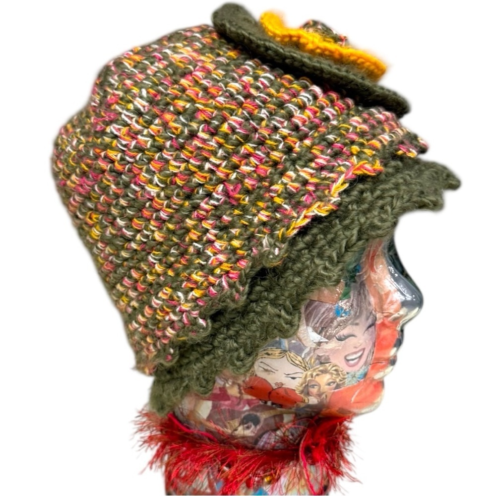 Cute Crochet Flower Hat Multicolor Knit Hat with Vintage Scarf Set Boho Cottage - Picture 6 of 10